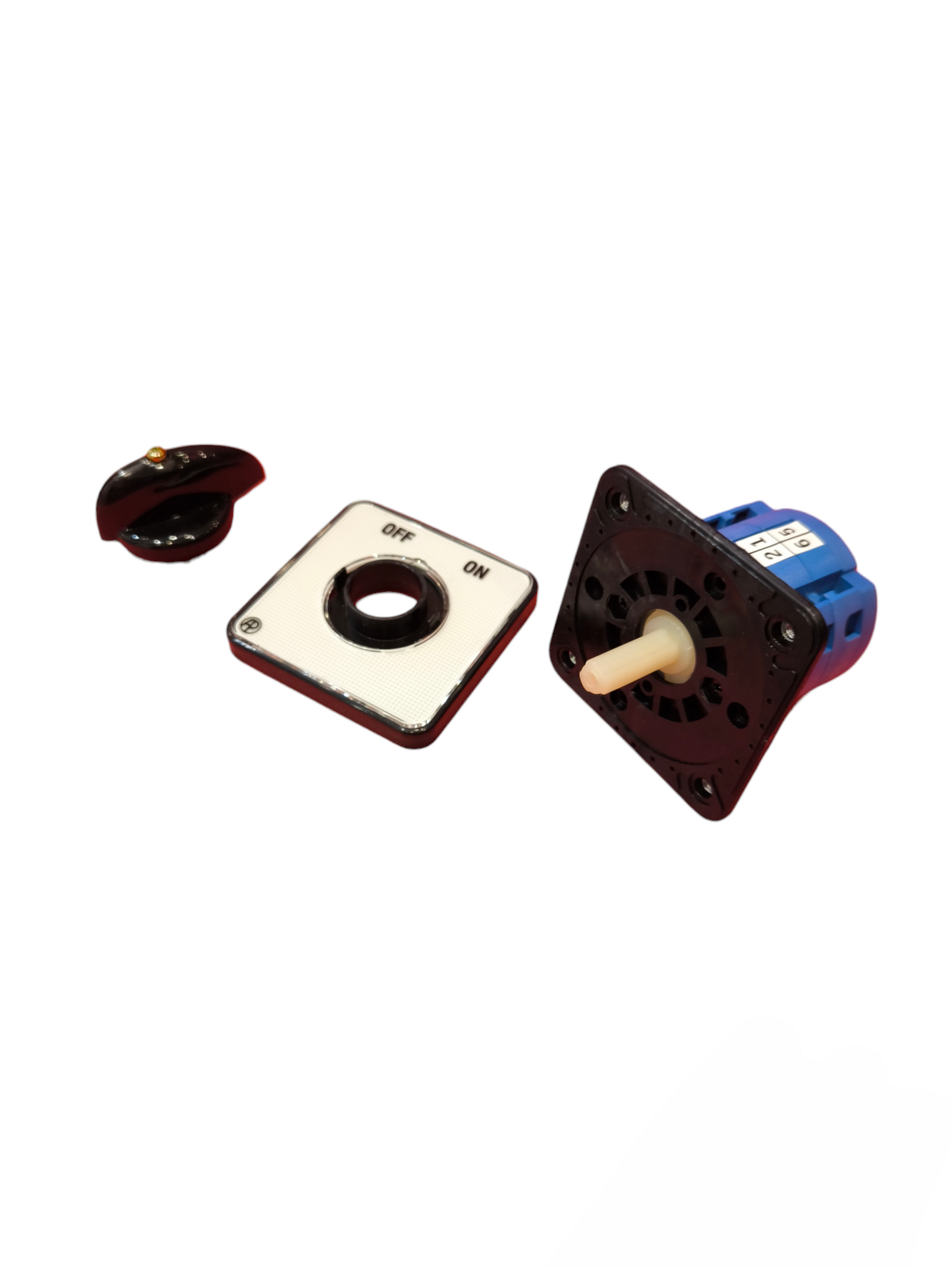 Auspicious 20A 4 pole cam switch disassembled showing black knob, white on off plate, and switch mechanism