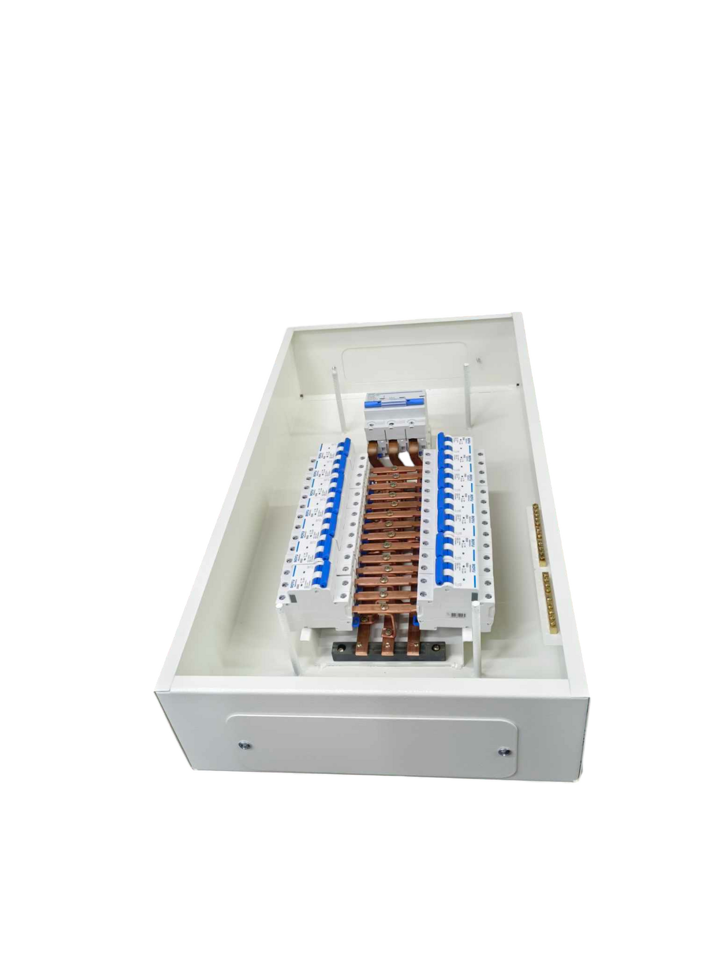 Chint 3 pole electrical panel with 14 branches showing circuit breakers and copper busbars inside a white enclosure