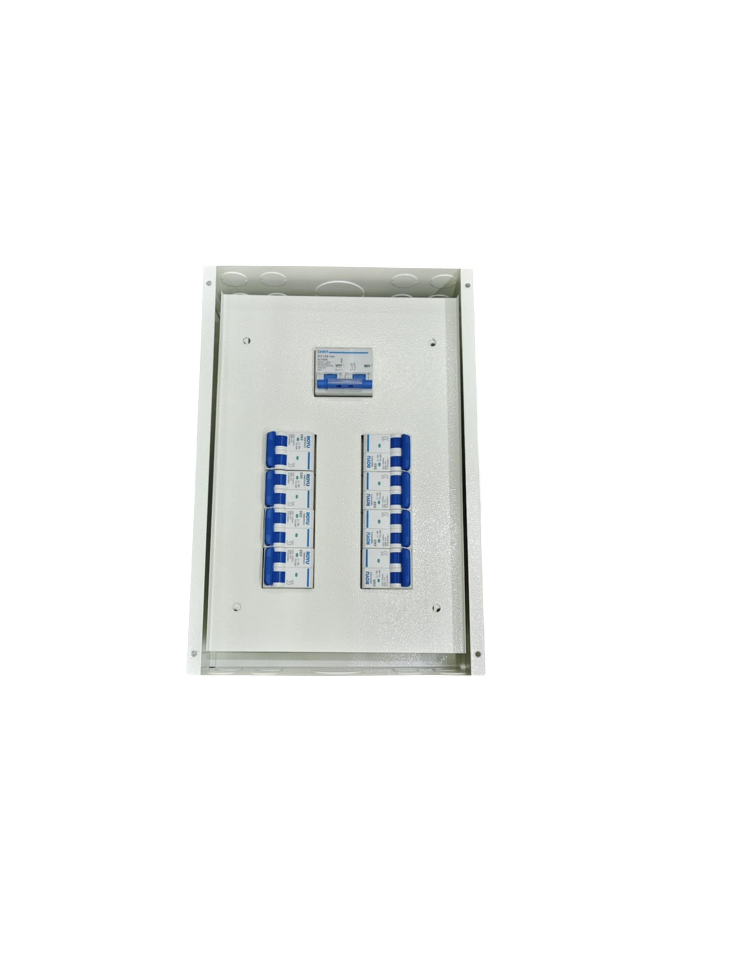 Chint Panel Board 100A 2P Main with multiple circuit breakers in a white metal enclosure