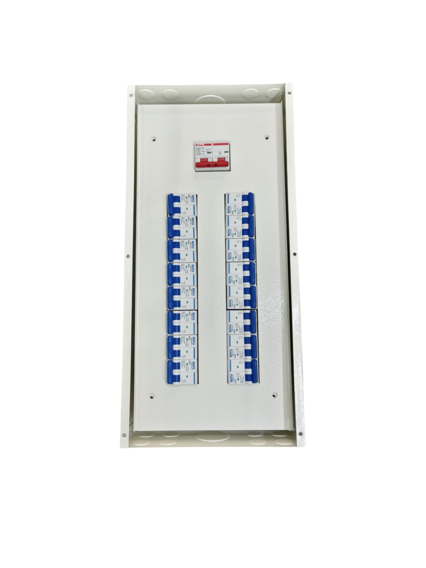 Royu & Himel Panel Board 100A 2Pole electrical circuit board with multiple breakers in white casing