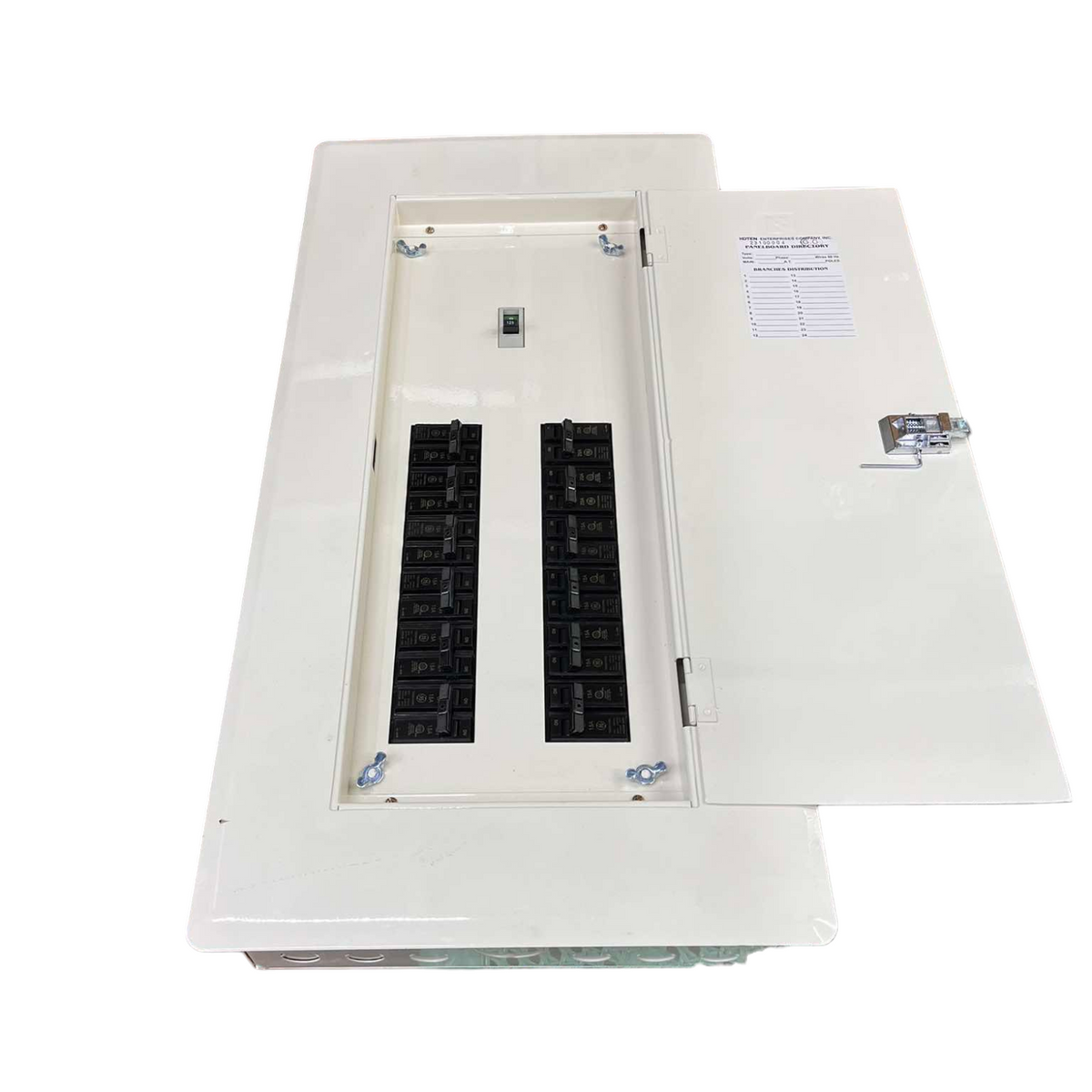 Koten and GE Panel Board 125A 250SP 2Pole Main electrical breaker panel with open white metal door