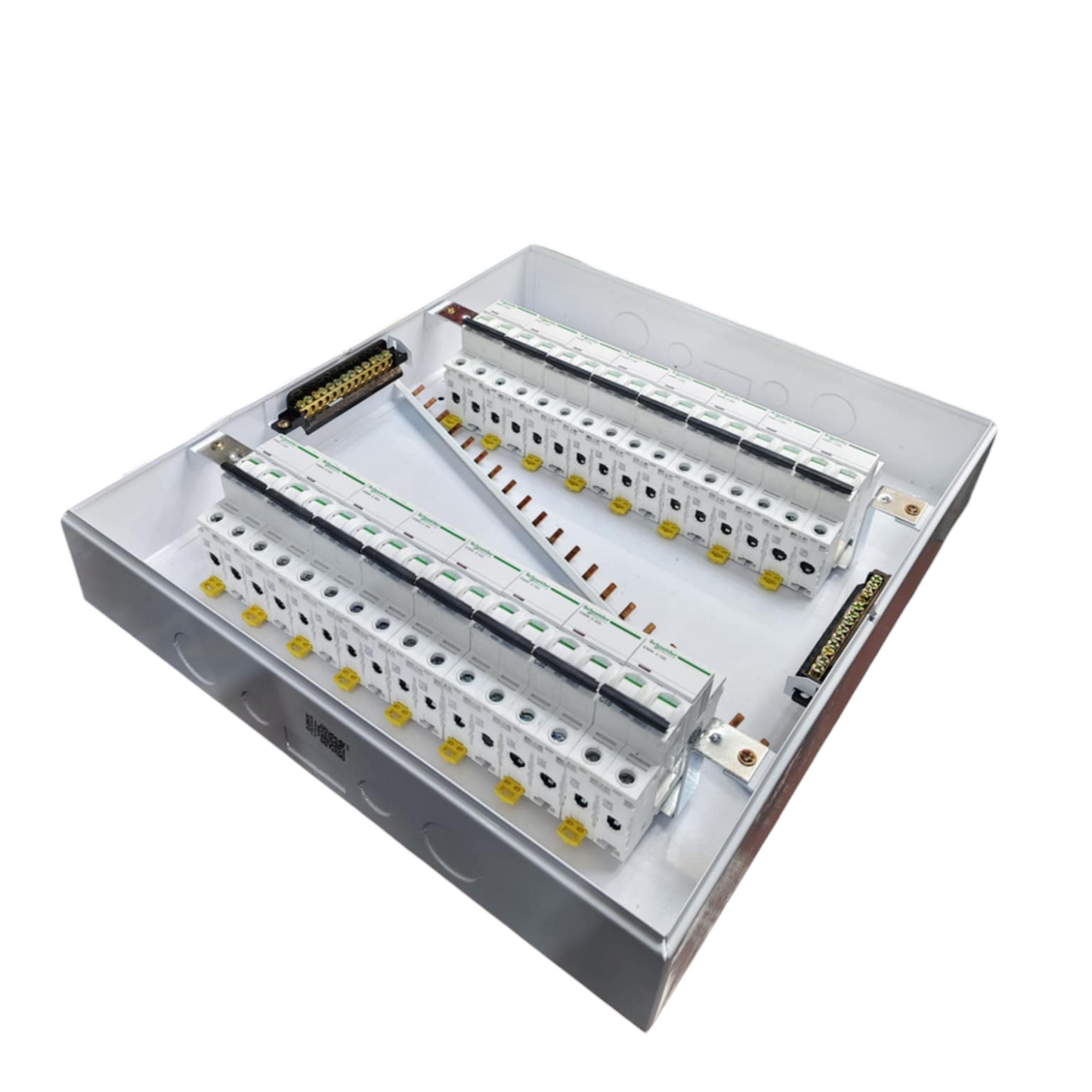 Schneider and ZY Panel Board 50A 2 Pole Main Miniature electrical circuitry with multiple circuit breakers