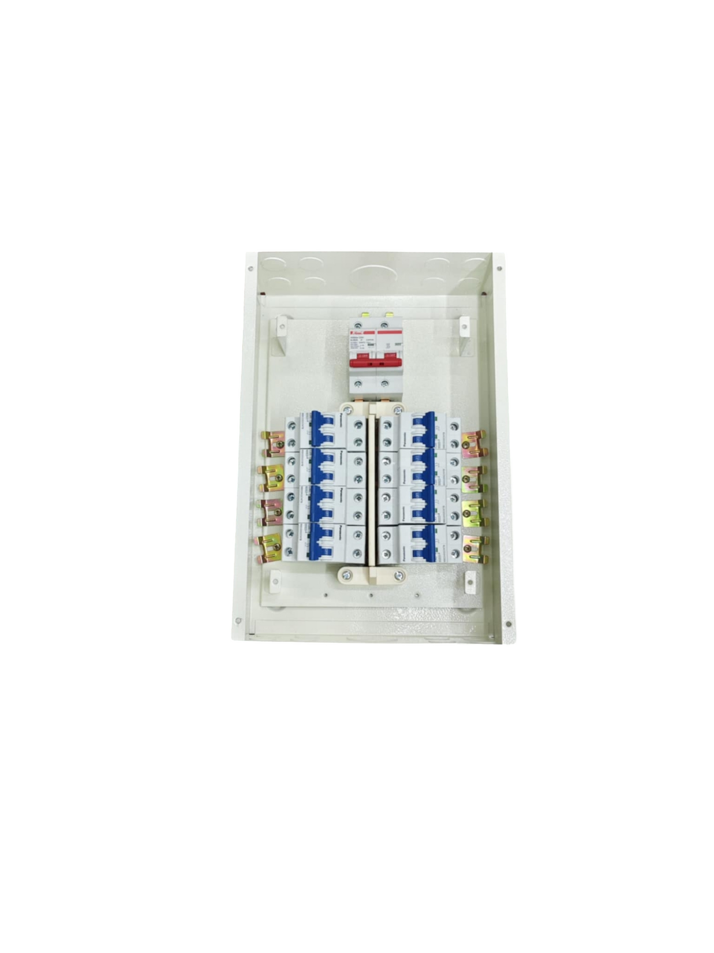 Panasonic Panel Board 80A 2P Main electrical circuit with blue and white breakers in a white enclosure