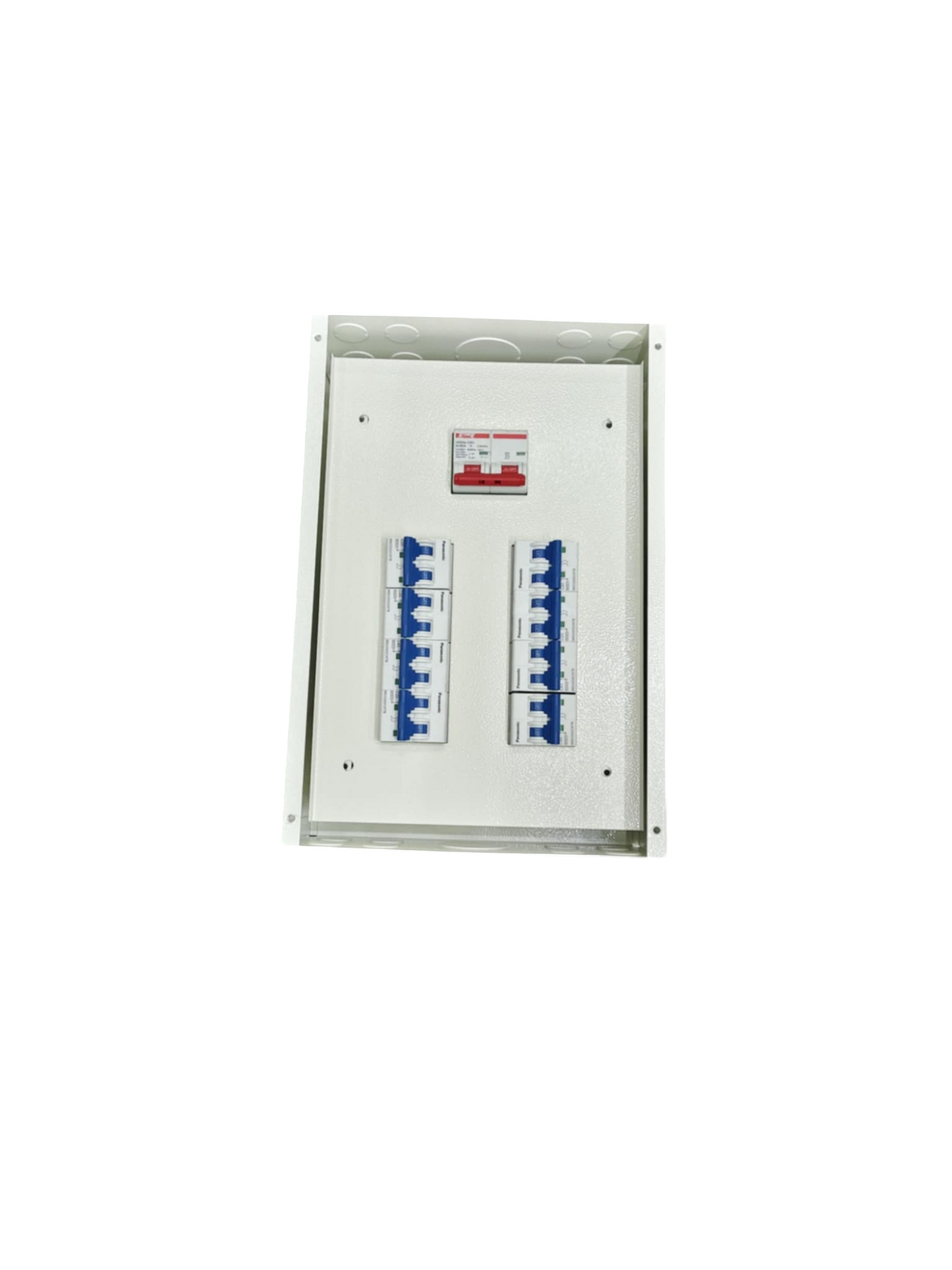 Panel Board 80A 2P Main electrical circuit breaker panel with multiple switches in white enclosure