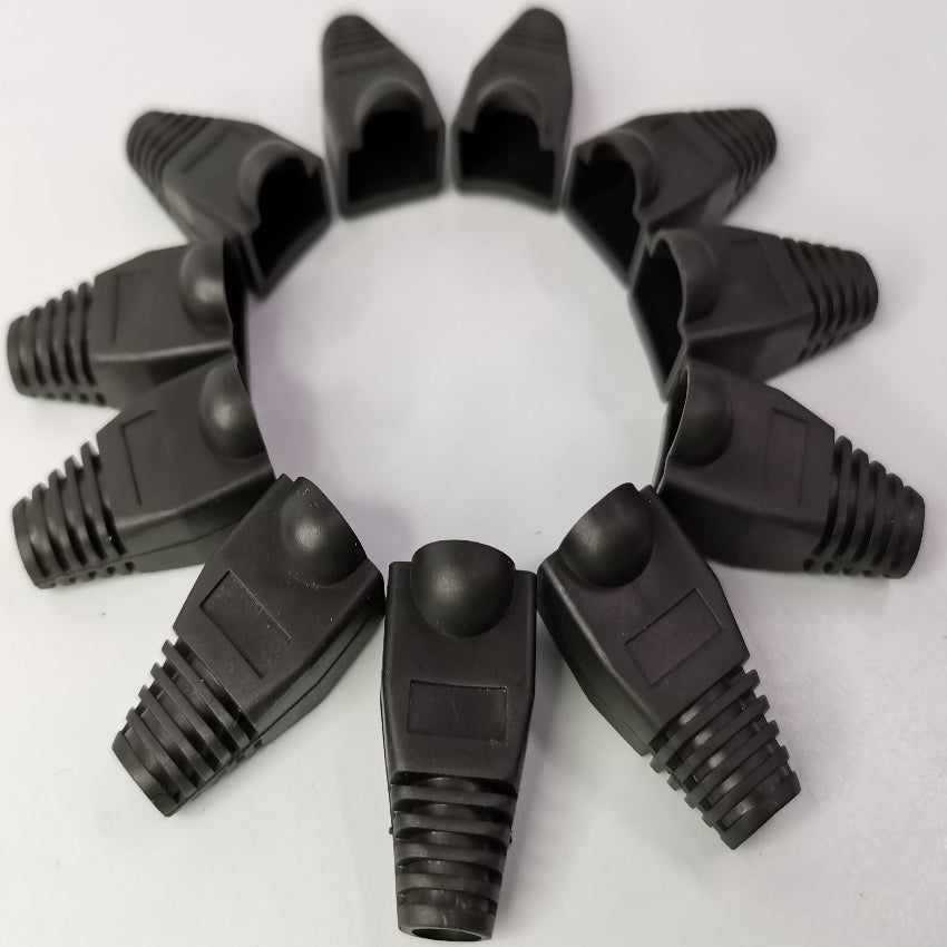Black Rubber BooT RJ45 Grippes arranged in a circle for network cable protection