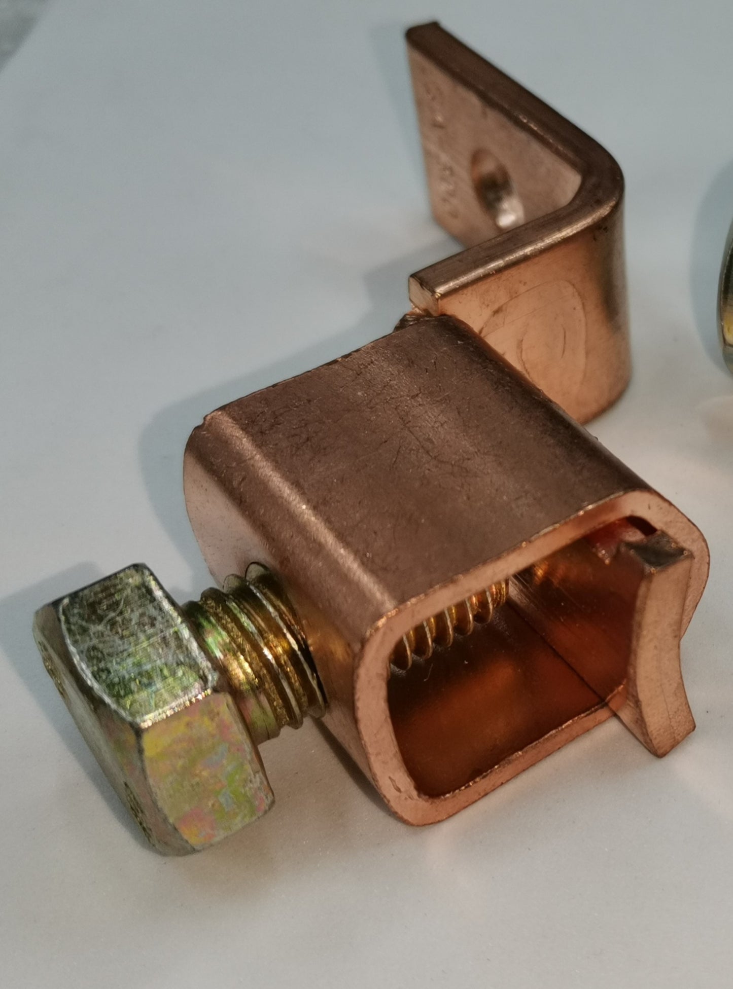 Close-up of copper solderless terminal lug with bolt for electrical connections 125mm - 175mm