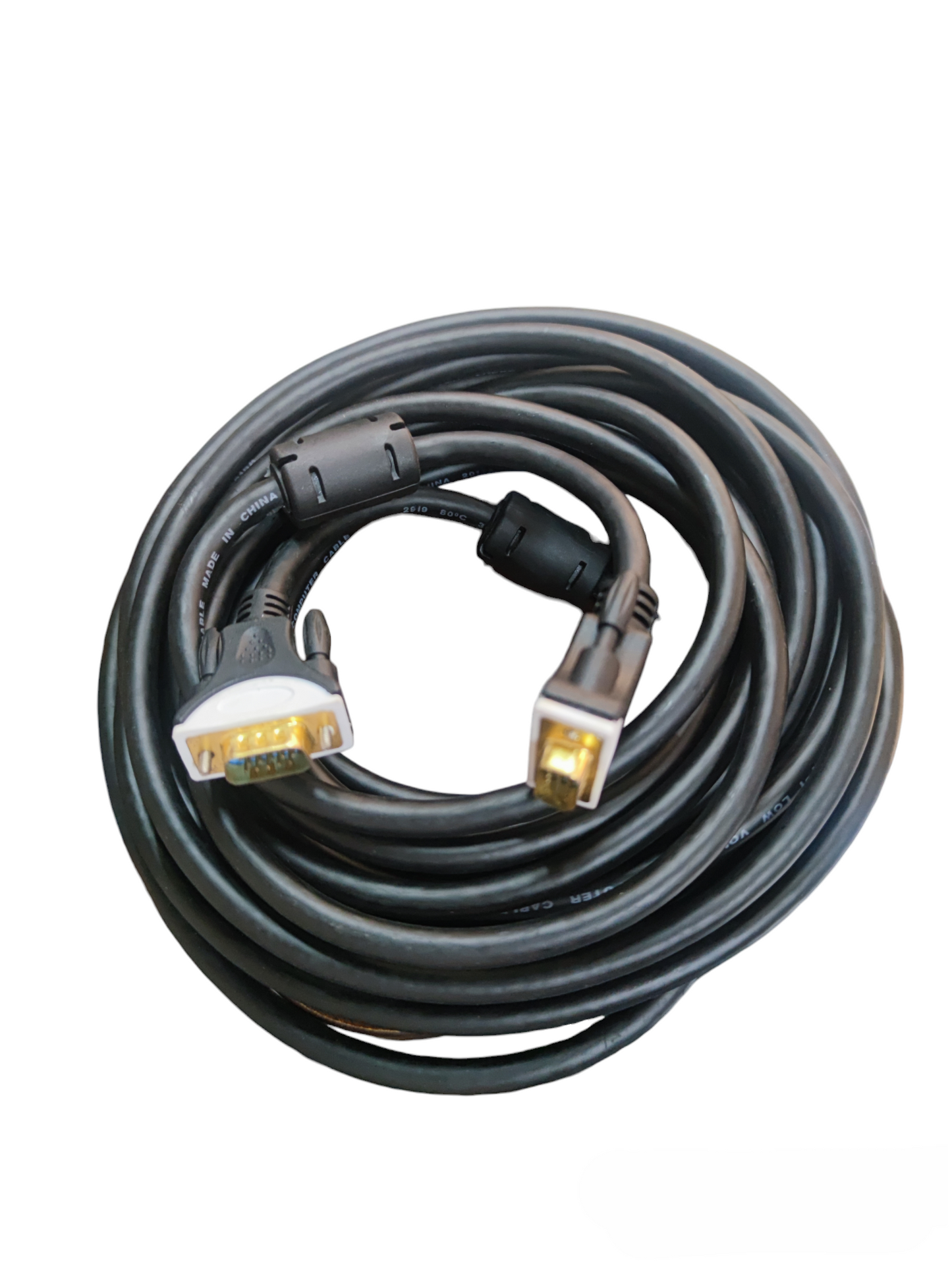 Grippes VGA Cable Male to Male black coiled with ferrite cores for video connection