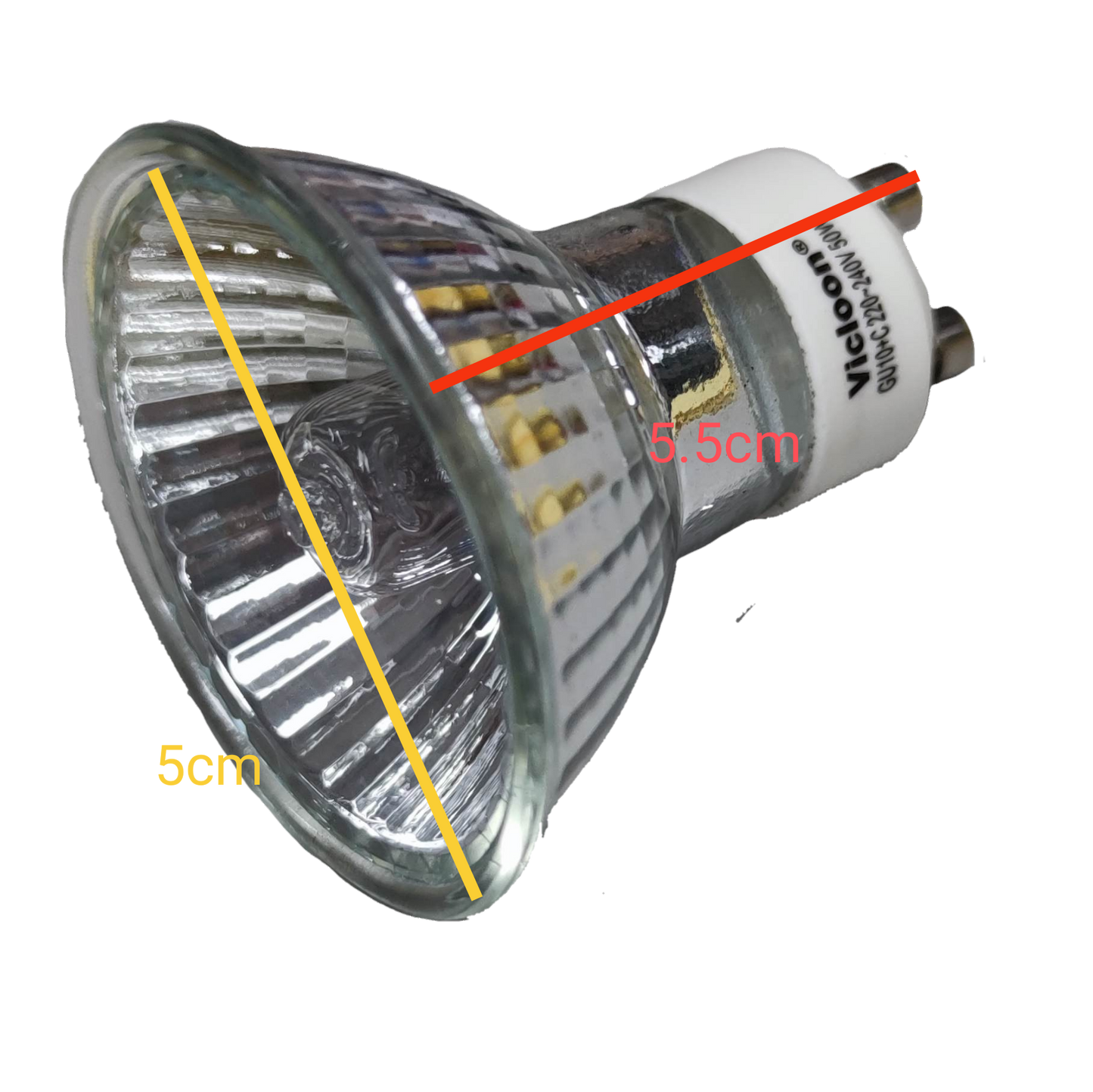 Vicloon GU10 halogen bulb 50W MR16 GU10 with a clear glass design and dimensions of 5.5cm and 5cm