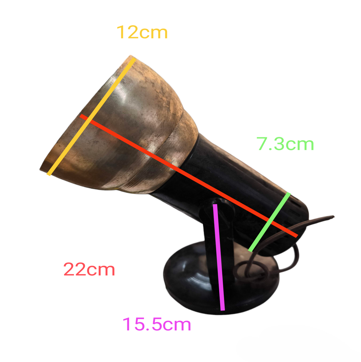 E27 spot light holder metal vintage style adjustable black base and brass shade with dimensions labeled