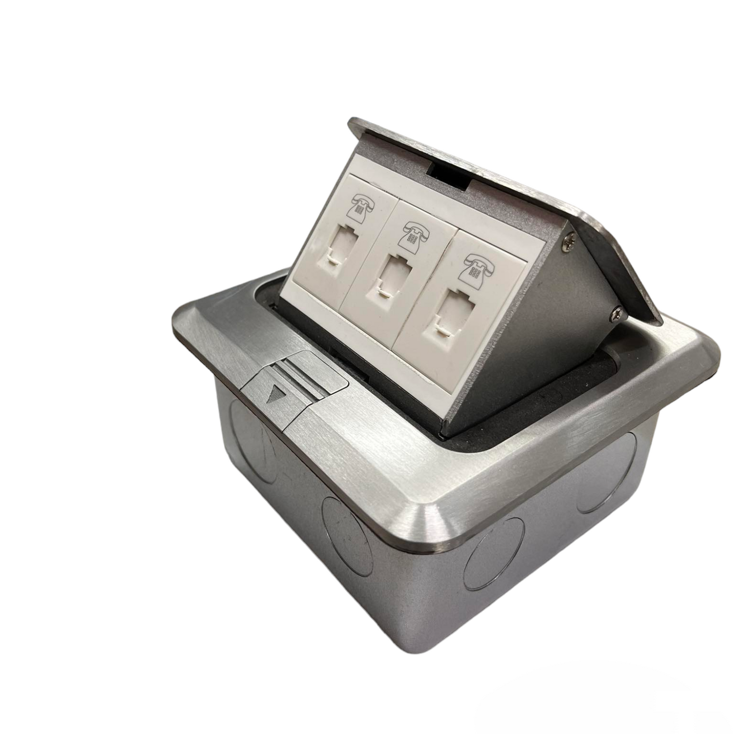 T&J Voice Pop Up Floor Outlet with three telephone plug sockets in stainless steel finish
