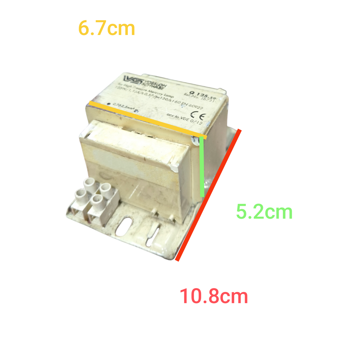 Vossloh 125W High Pressure Mercury Lamp electrical component with dimensions shown