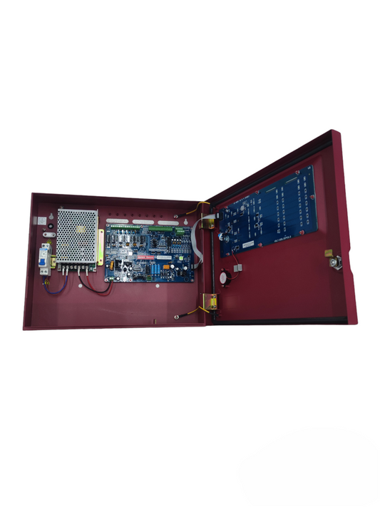 VSAIL Control Panel Conventional Type 8 Zones fire alarm system with open red metal casing showing internal circuit boards