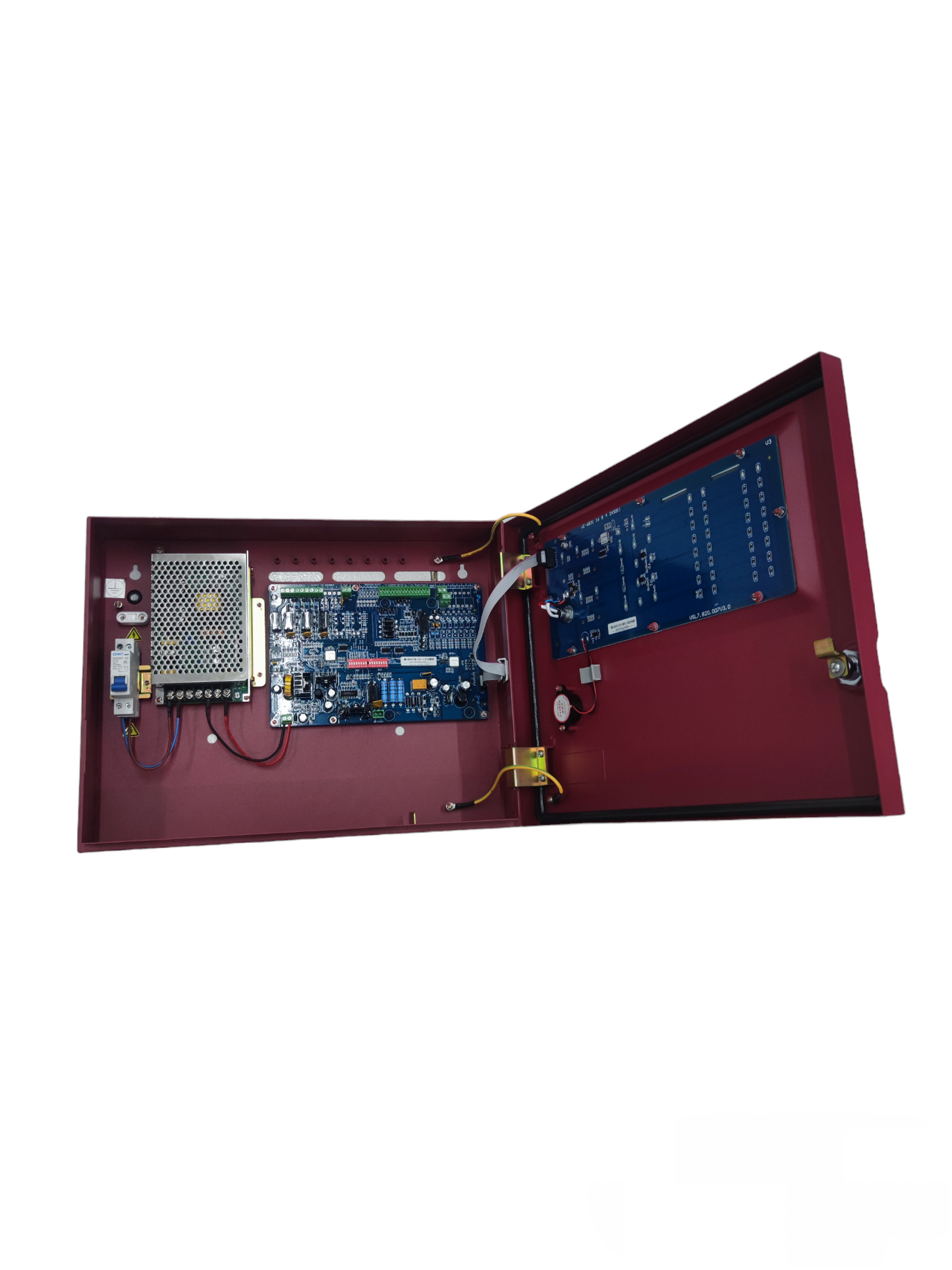 VSAIL Control Panel Conventional Type fire alarm system with open red metal casing and internal circuit boards