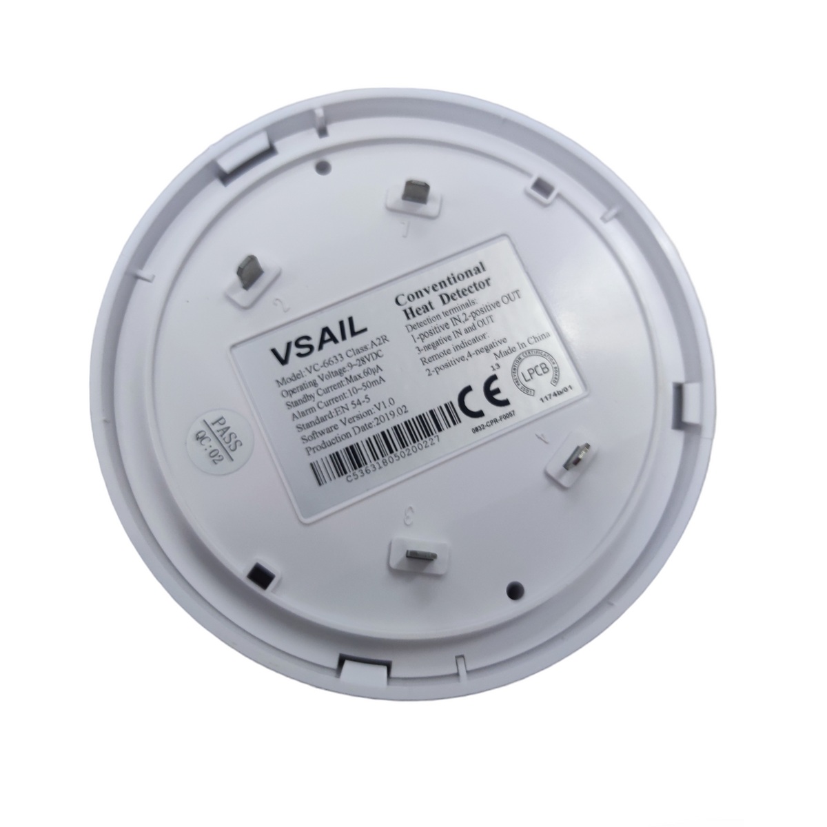 VSAIL heat detector 24V DC conventional fire alarm base with connection pins and certification labels