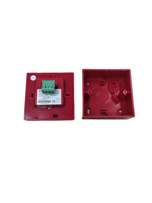 Back and front view of red Manual Pull Station VSAIL fire alarm device with internal wiring terminals