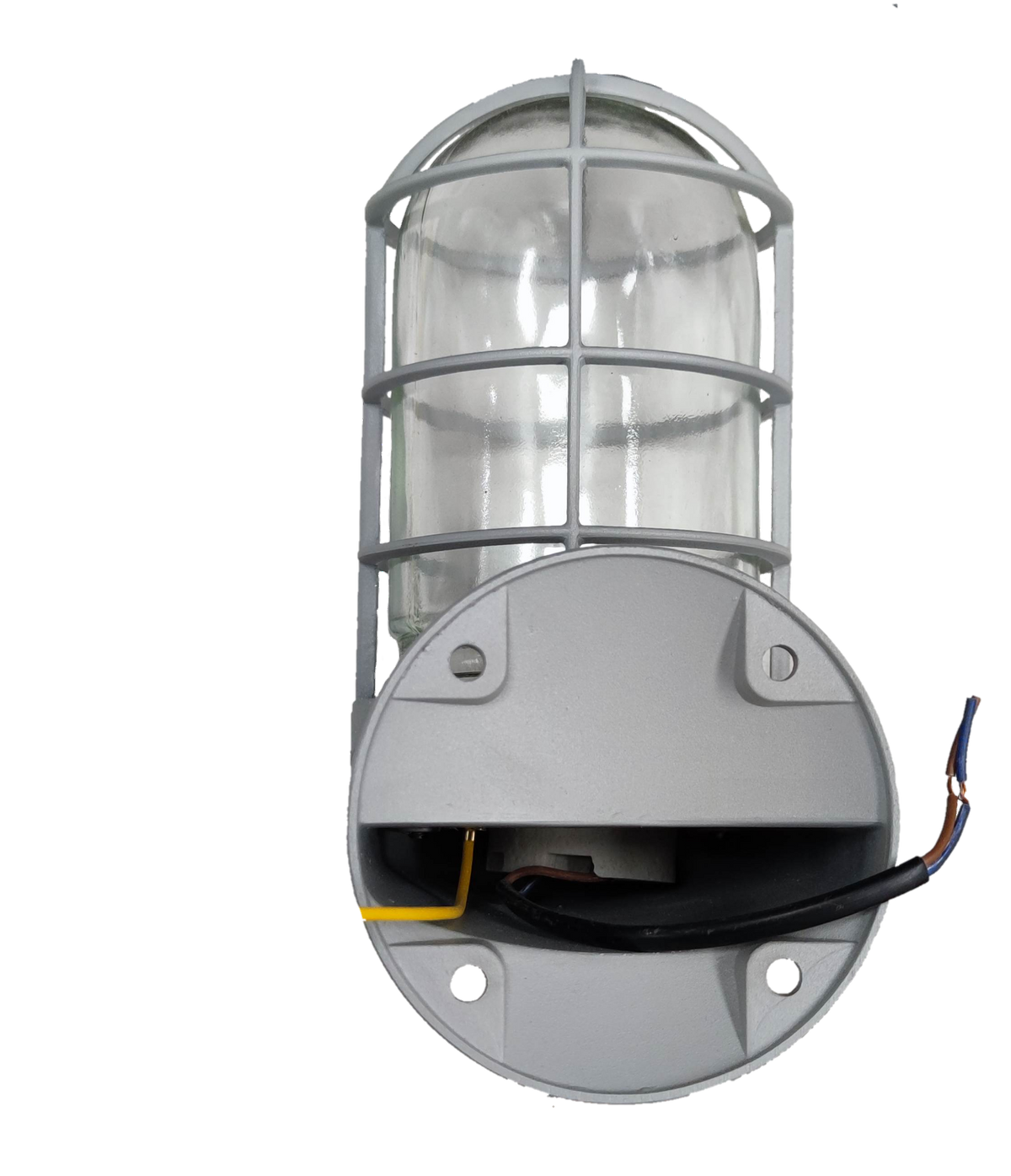 Biglite wall mounted vapor lamp with protective metal cage and clear glass cover for incandescent bulbs