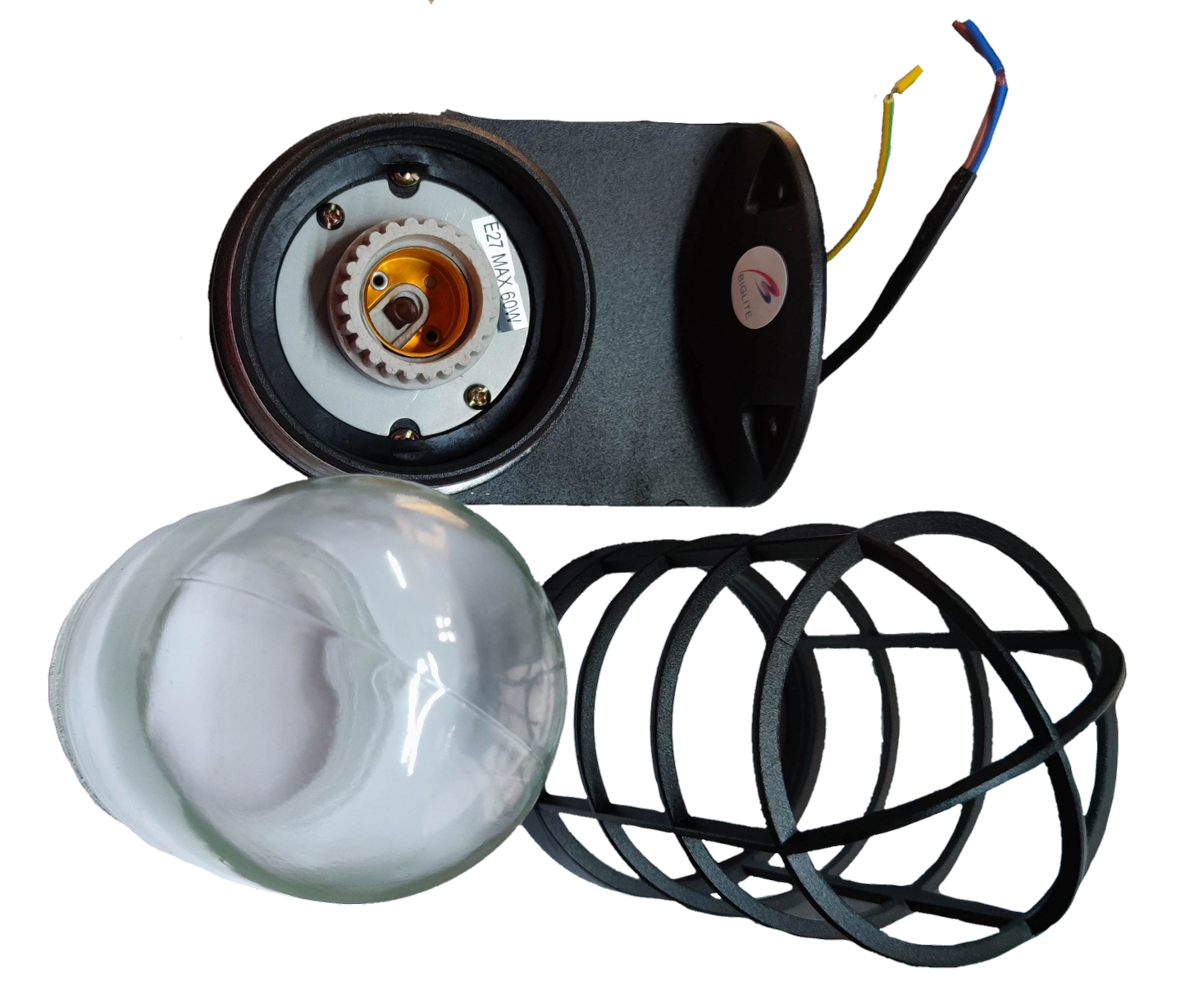 Biglite wall mounted vapor lamp with mounting bracket, bulb, and protective cage accessories