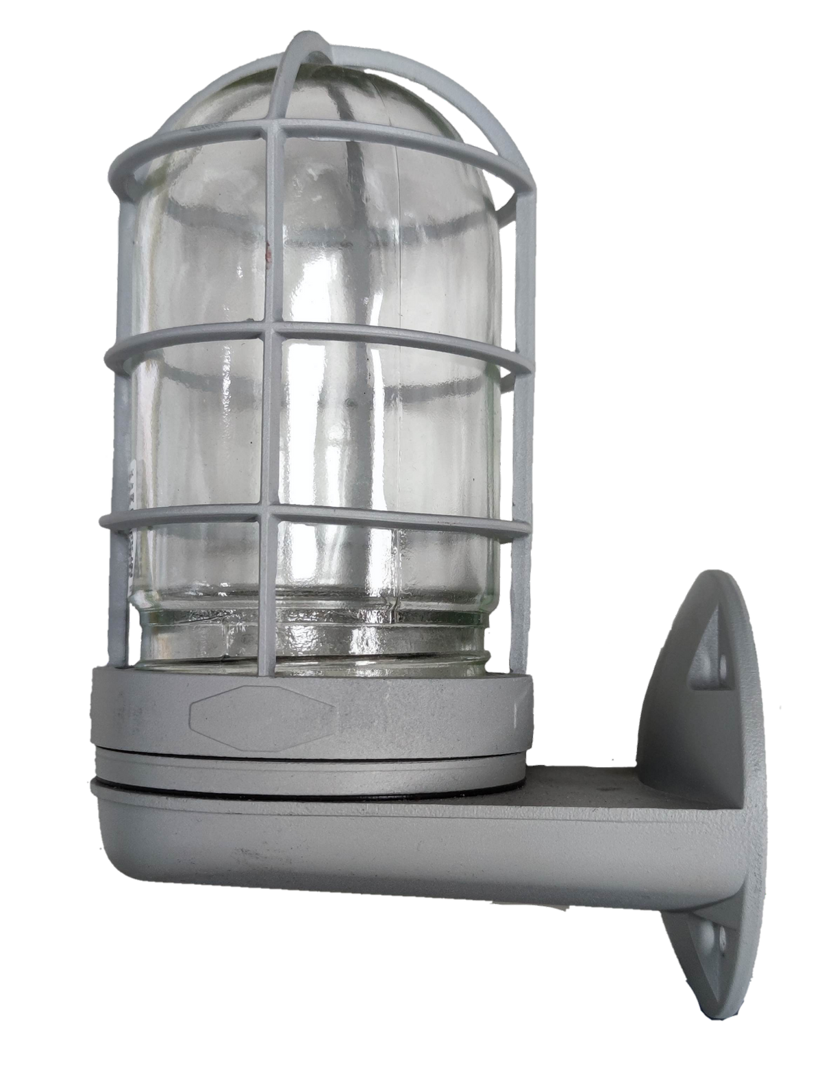 Biglite incandescent wall mounted vapor lamp with protective glass cage and metal bracket