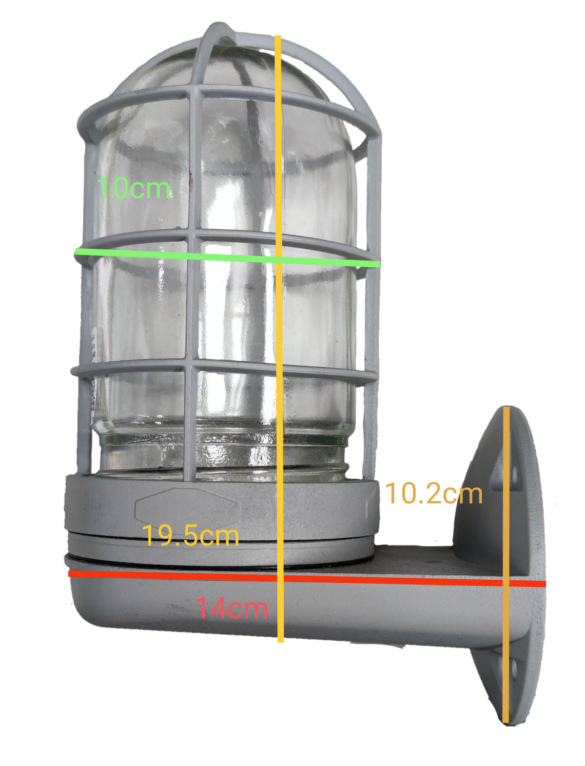 Biglite wall mounted vapor lamp with protective cage and glass cover measuring 10 cm height