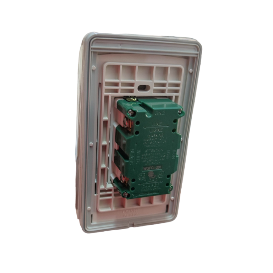 Omni Weatherproof 2 Gang Outlet GFCI with white protective cover and green electrical component