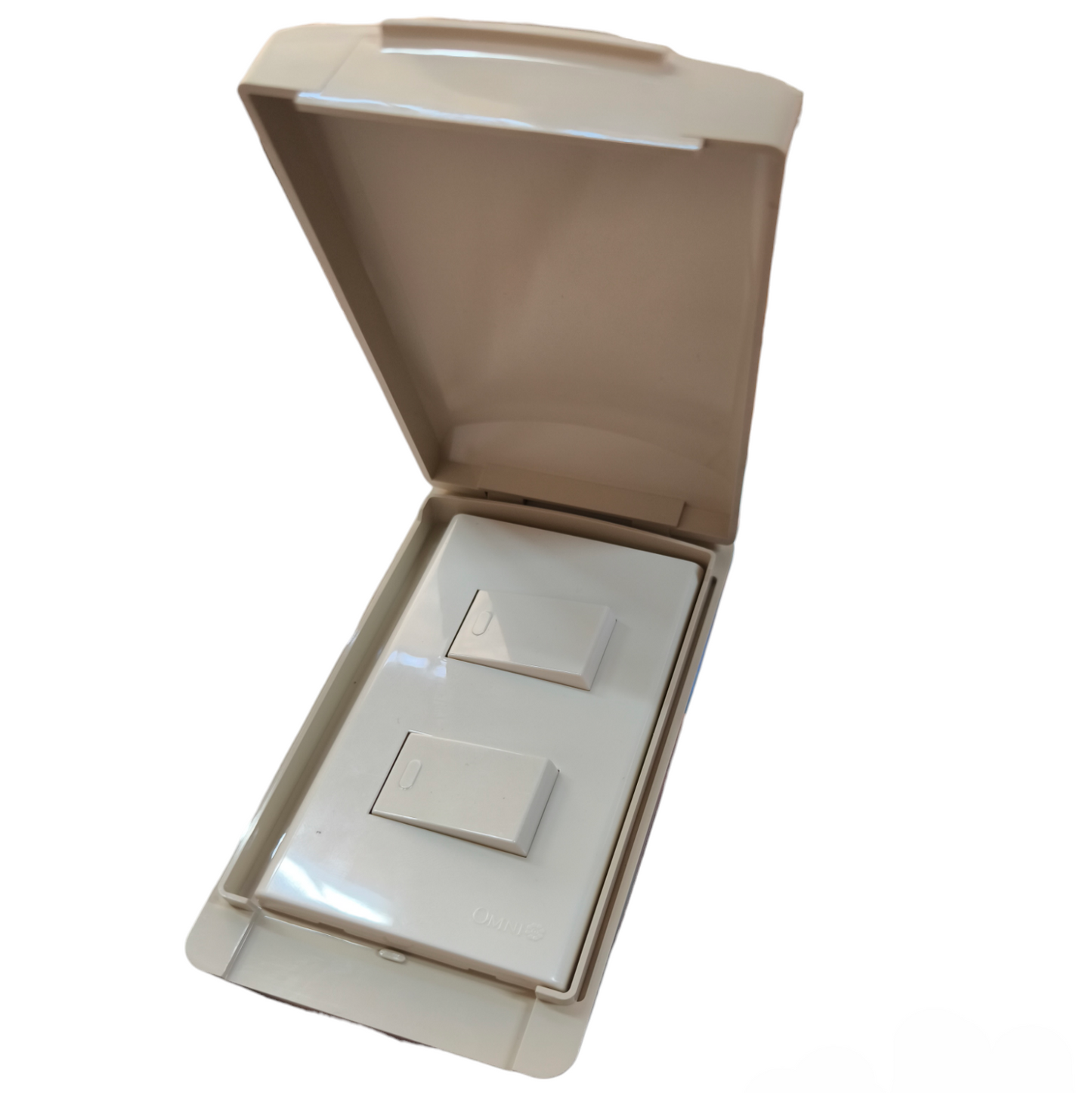 Omni weatherproof 2 gang switch 16A 250V in a secure, protective enclosure for outdoor use