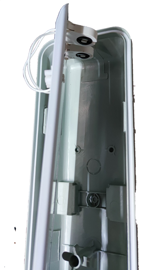 Inside view of Opple weatherproof LED fluorescent fixture showing wiring and mounting options