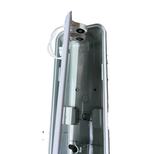 Inside view of Opple weatherproof LED fluorescent fixture showing wiring and mounting options