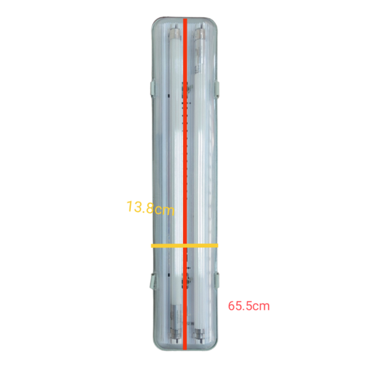 Opple weatherproof LED fluorescent fixture with dual tubes, measuring 65.5cm by 13.8cm for outdoor use