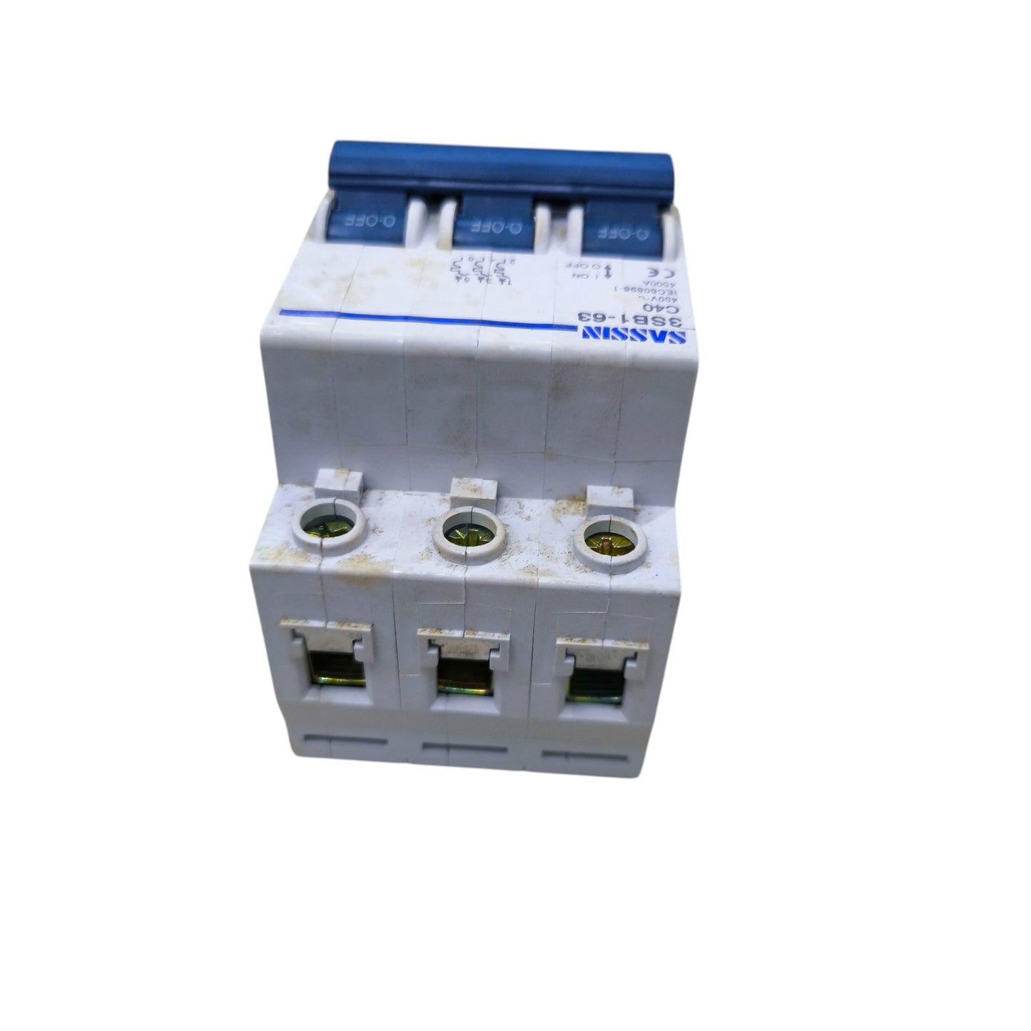 Sassin Miniature Circuit Breaker 40A 3Pole white 3 module unit with blue toggles and screw terminals
