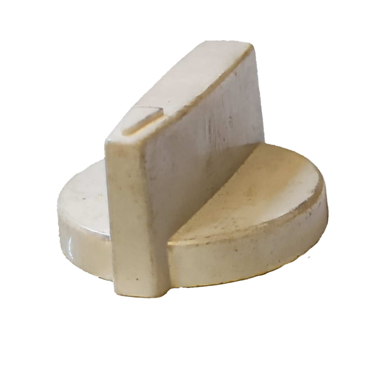 White knob for timer or washing machine laundry part with a vertical grip on black background