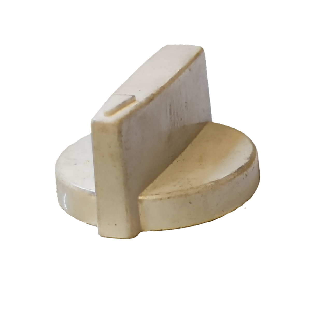 White knob for timer or washing machine laundry part with a vertical grip on black background
