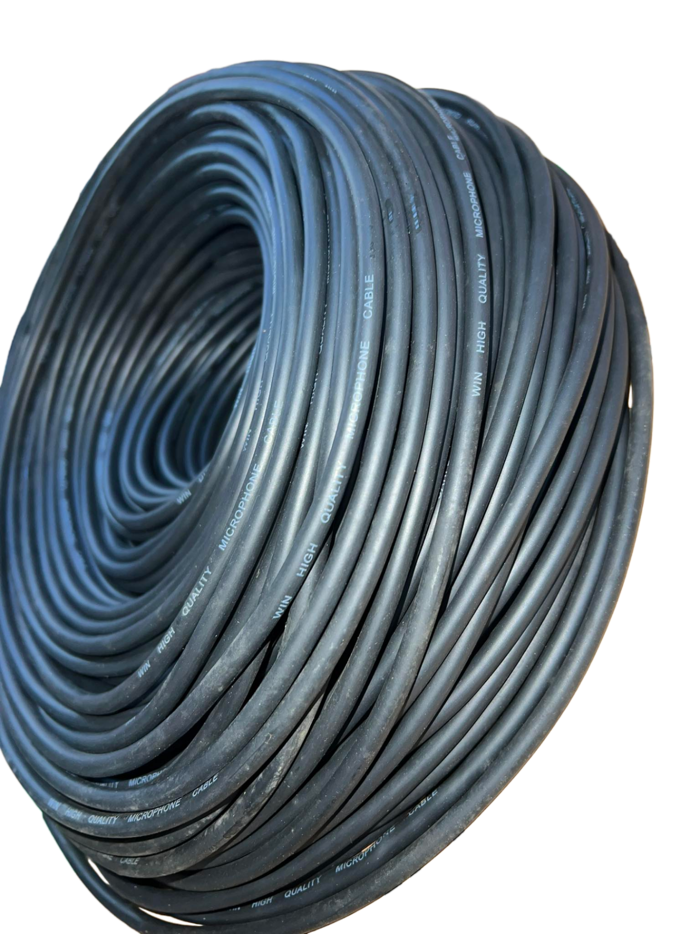 Coiled black Win Microphone Cable for professional audio connections and recording setups