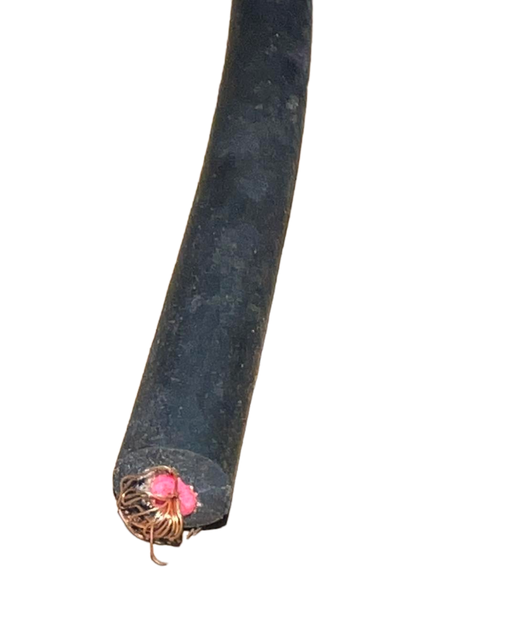 Close-up of a black Win Microphone Cable with exposed internal wires on a black background