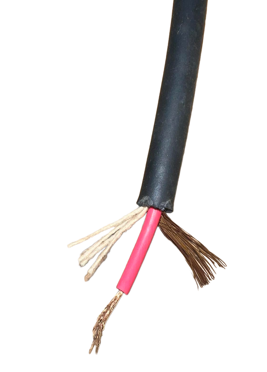 Close-up of exposed Win Microphone Cable showing internal copper and wire strands with black outer insulation