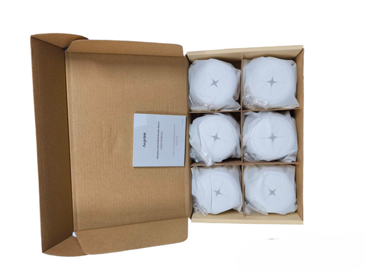 Aegislink wireless interlinked smoke alarm set with six white alarms neatly packed in an open box