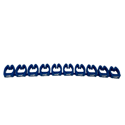 Grippes blue plastic clip set arranged in a row AZ cable markers for electrical wires. Ideal for panel labeling