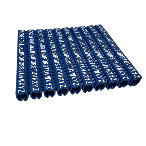 Grippes blue fabric letter loop markers showing alphabet sequence AZ cable markers for electrical wires on black background