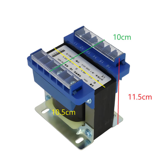 Wixim 250VA Control Transformer with blue casing and metal mounting base showing dimensions
