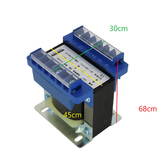 Wixim 30KVA Control Transformer with blue casing and metal mounting base showing dimensions