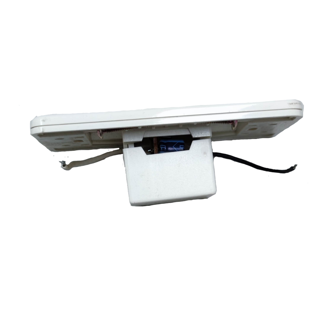 Omni white 1 way touch sensor switch rear view showing wiring and mounting module for wall installation