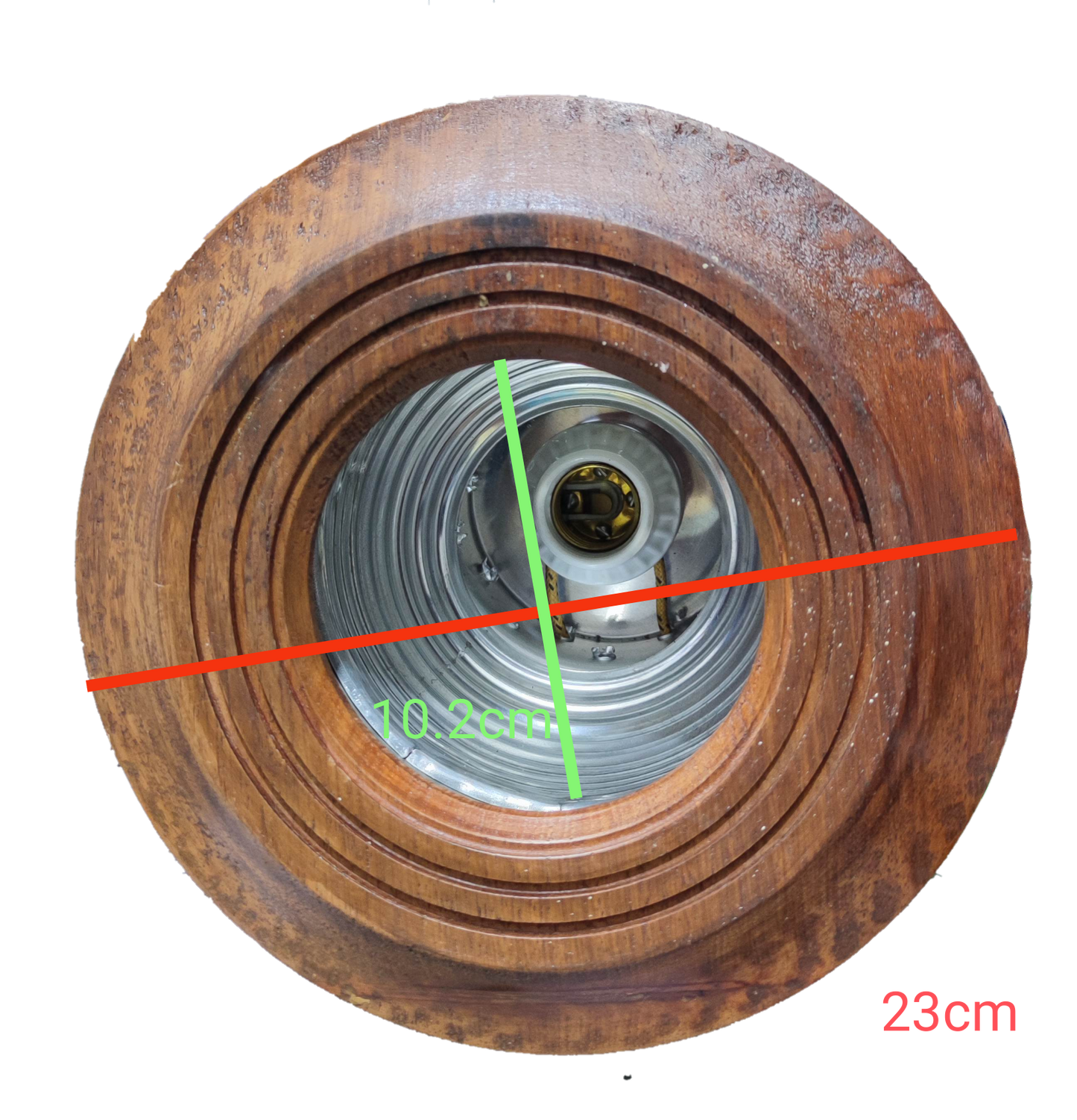 Local wooden border down light fixture with concentric wooden rings and metal inner housing