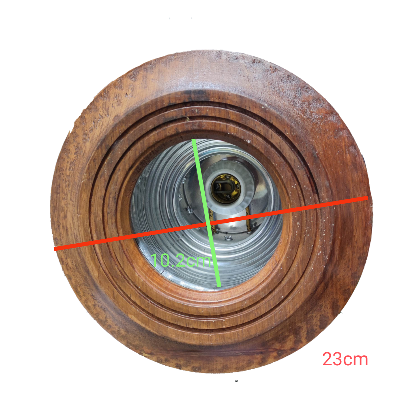 Local wooden border down light fixture with concentric wooden rings and metal inner housing