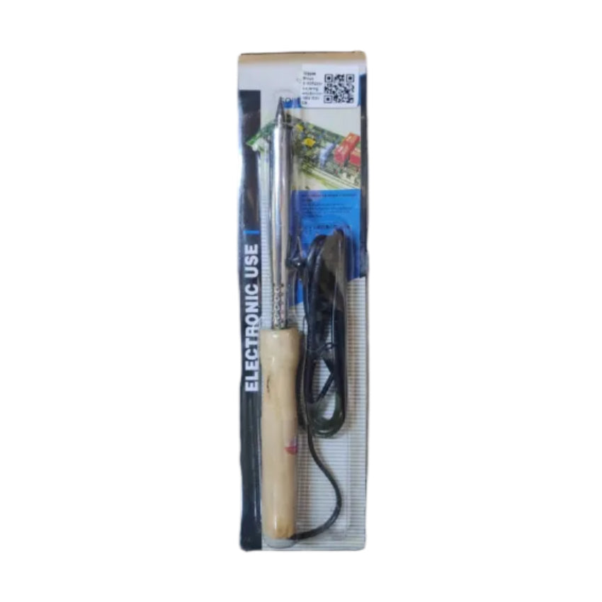Grippes wooden handle soldering iron with metal tip and power cord in blister packaging