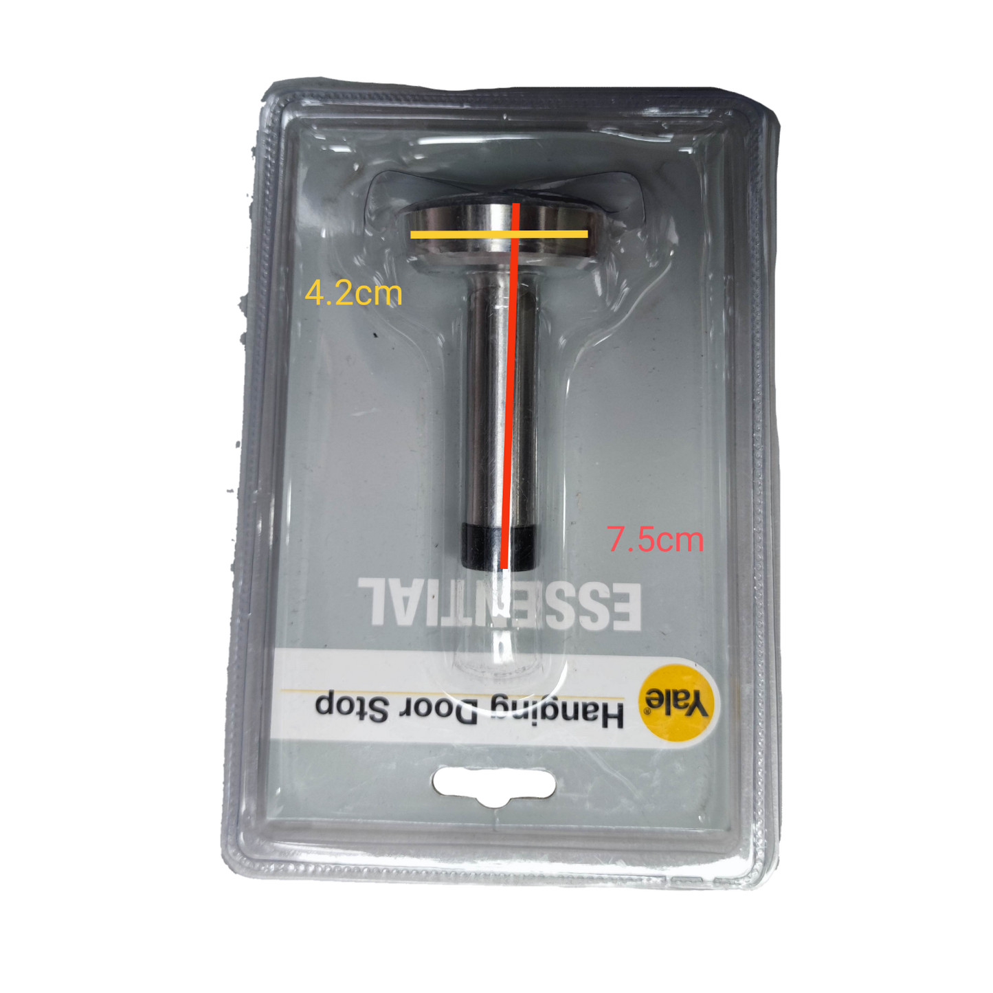 Yale heavy duty hanging door stop in packaging, measures 4.2cm by 7.5cm for effective door security