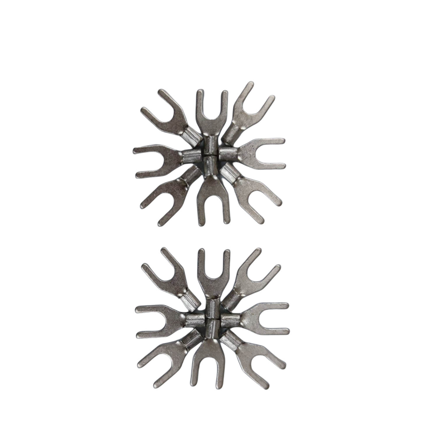 Two sets of metal Y Terminal 2.0mm YA-8C electrical connectors arranged on a black background