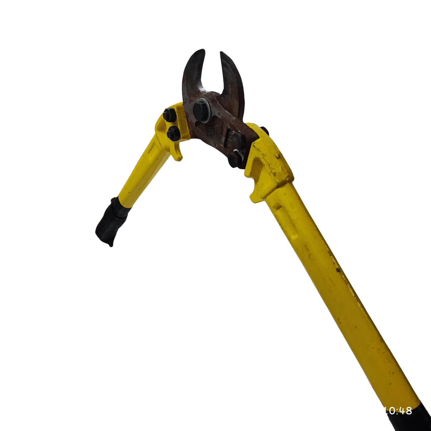 18 inch bolt cutter with yellow handles and rusted metal cutting jaws against black background
