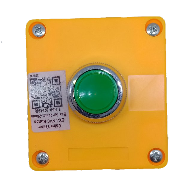 Auspicious green push button switch mounted on yellow square power control box with QR code label