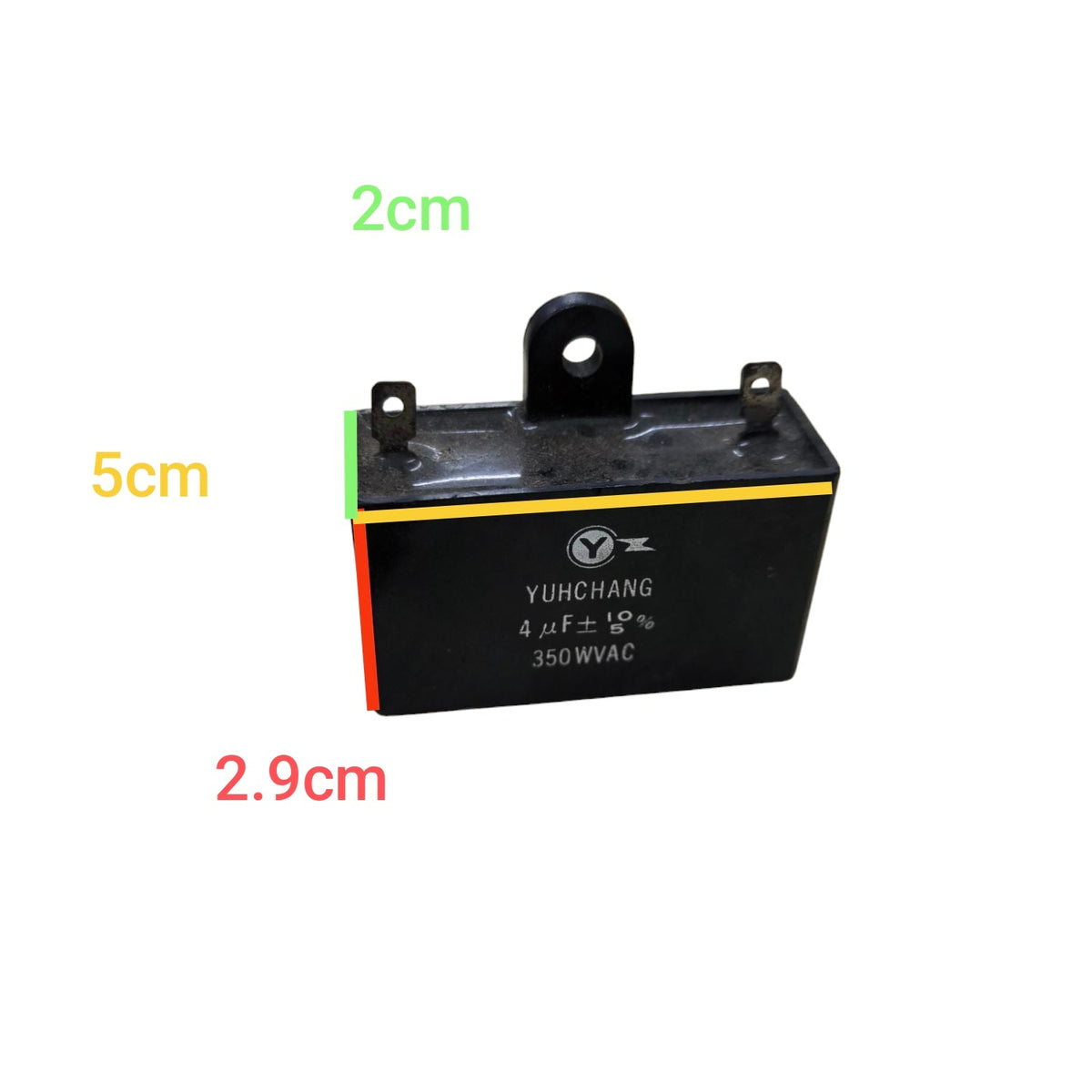 CBB 4uF 350V capacitor electrical component with mounting tab and three terminals