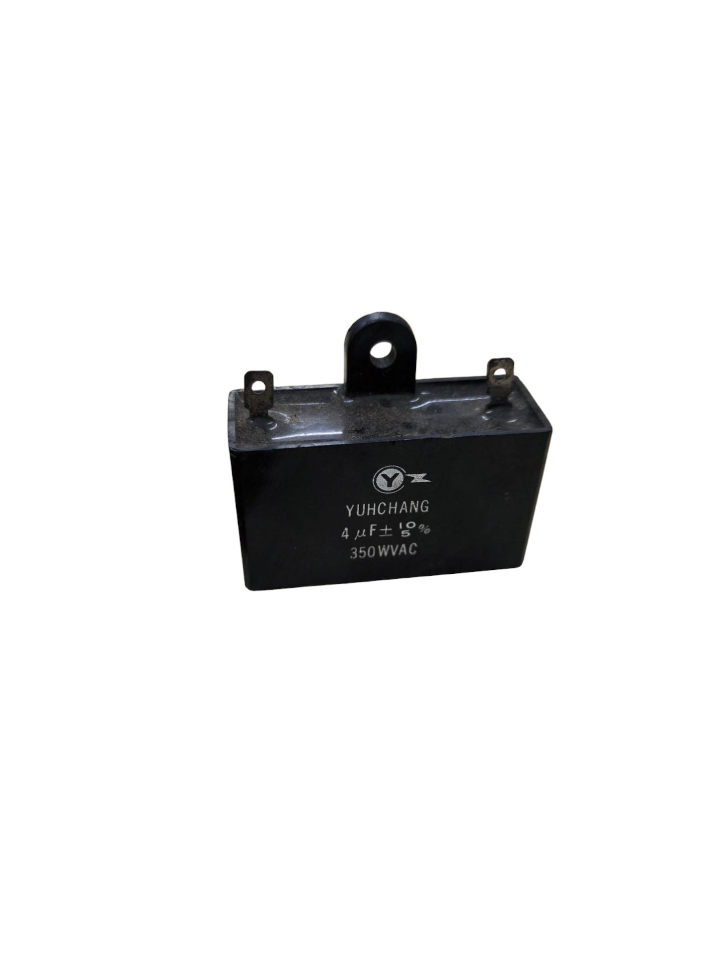CBB 4uF 350V capacitor rectangular black electrical component with mounting tab and two terminals