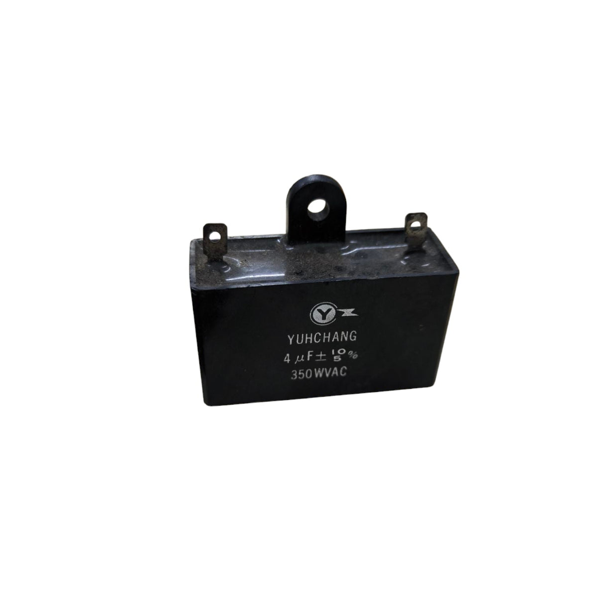 CBB 4uF 350V capacitor rectangular black electrical component with mounting tab and two terminals